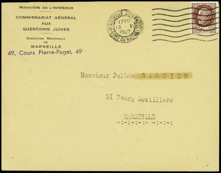 N°517 obl mec de Marseille St Ferreol (1943) + en-tête "Ministère de l'intérieur commissariat général aux questions juives direction régionale de Marseille