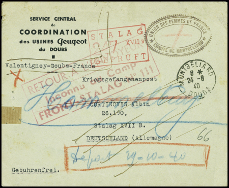 Lettre en franchise à en-tête "Service central de coordination des usines Peugeot du Doubs" avec cachet ovale violet