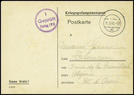 Postkarte du Stalag IV B (11.8.40) avec au verso mention imprimée d'avis de capture "Je suis prisonnier en Allemagne. Je vous salue de tout mon cœur".