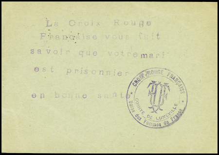 Carte postale de franchise militaire française obl Luneville (6.7.40) avec au verso avis de capture au tampon violet