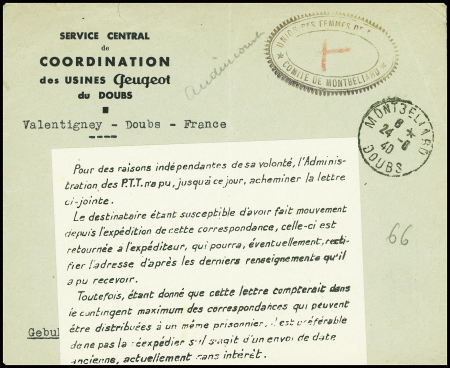 Lettre en franchise des usines Peugeot à Montbéliard pour un ^risonnier à Strasbourg (24.8.40) avec étiquette imprimée de 13 lignes
