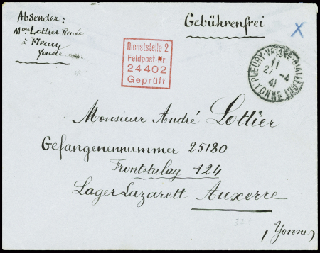 Lettre en franchise adressée à un PG français au Frontstalag 124 d'Auxerre avec cachet carré rouge "Dientstelle 2 feldpost-NR 24402 gepruft". TB