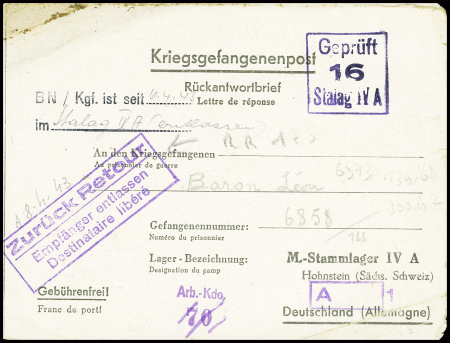 Formule réponse adressée au stalag IVA avec griffe violette encadrée "Zuruck retour empfanger entlassen - destinataire libéré". TB
