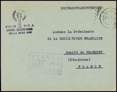 Lettre en franchise avec cachet noir avec francisque "Stalag XVIIA Homme de confiance Belle René 5196". TB