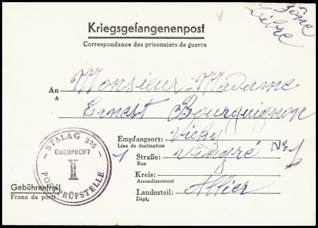Formule Kriegsgefangenenpost avec cachet violet "Stalag 325 uberpruft 1 postprufstelle" (1942 - camp de représailles de Rawa - Ruska). TB