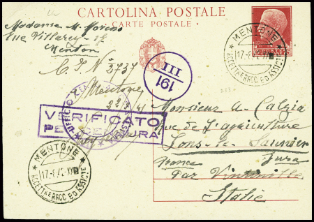 Italie n°233, entier carte postale obl CAD "Mentone ACCETTne RACC ED ASSICte" (1942) + censure. TB