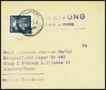 Allemagne n°707 obl CAD "Feldpost" (1943) sur bande d ejournal à en-tête "Pariser Zeitung 100 rue Réaumur - Paris". TB