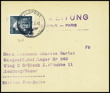 Allemagne n°707 obl CAD "Feldpost" (1943) sur bande d ejournal à en-tête "Pariser Zeitung 100 rue Réaumur - Paris". TB