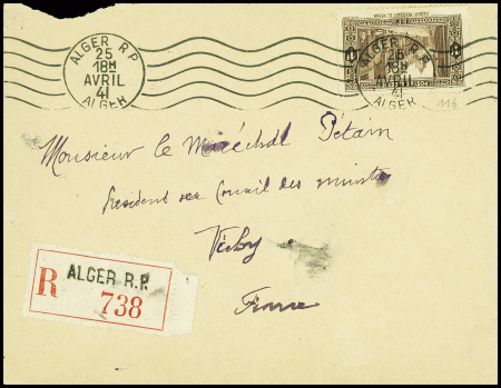 Algérie n°116 obl mec "Alger RP Alger" (1941) sur lettre recommandée d'office adressée au maréchal Pétain. Rare et TB