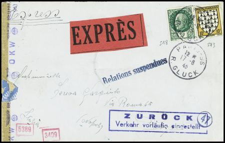 N°518 + 573 obl Paris 96 (17.8.43) sur lettre avec étiquette rose "Exprès" pour l'Italie avec censure allemande + griffe noire "relations suspendues"