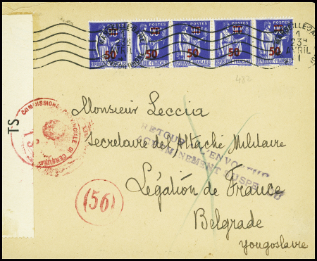 N°482 en bande de 5 obl mec de Marseille-Gare (1 avril 1941) sur lettre pour Belgrade (Yougoslavie) avec censure italienne et griffe violette