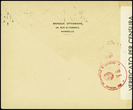 N°482 en bande de 5 obl mec de Marseille-Gare (1 avril 1941) sur lettre pour Belgrade (Yougoslavie) avec censure italienne et griffe violette