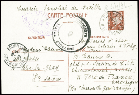 Entier carte postale 1F20 Pétain obl Arc les Gray Hte Saone (6.5.42) pour Fort de France avec cachet rond noir "Contrôle postal Martinique 5"