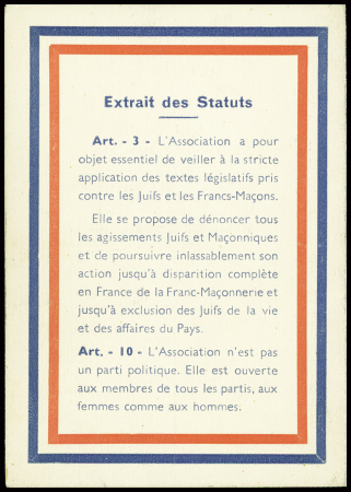 Carte de membre dépliante avec photo d'identité de "La communauté française association déclarée pour la lutte contre les Juifs et les Francs-Maçons"