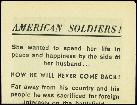 Tract lancé par les Allemands en Normandie (1944) sur les soldats américains pour les démoraliser "Waiting in vain" (tête de femme et soldat mort). TB