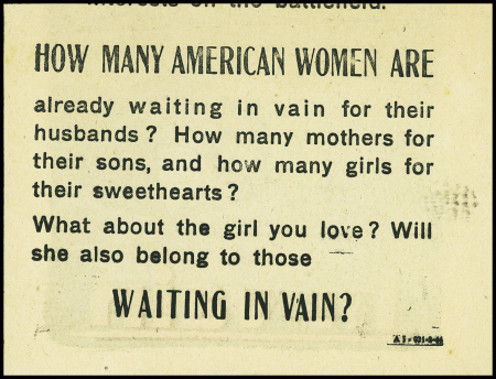 Tract lancé par les Allemands en Normandie (1944) sur les soldats américains pour les démoraliser "Waiting in vain" (tête de femme et soldat mort). TB
