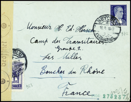 Turquie n°972 + 963 obl Istanbul (1942) sur lettre censurée pour un interné au Camp des Milles (Bouches du Rhône). TB