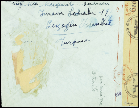 Turquie n°972 + 963 obl Istanbul (1942) sur lettre censurée pour un interné au Camp des Milles (Bouches du Rhône). TB