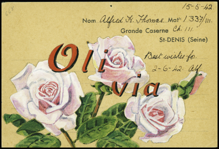 Carte postale FM d'un interné anglais à la Grande Caserne de Saint-Denis adressée à sa femme au Camp des Internés de Vittel (Vosges) avec dessin à la main