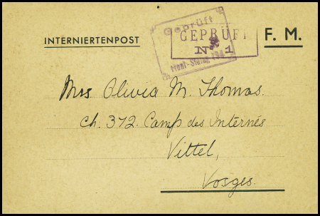 Carte postale FM d'un interné anglais à la Grande Caserne de Saint-Denis adressée à sa femme au Camp des Internés de Vittel (Vosges) avec dessin à la main