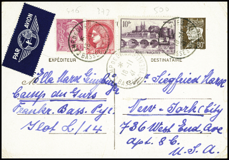 N°373 + 416 + 500 obl CAD "camp de Gurs Basses-Pyrénées" 516.11.41) sur entier carte postale 80c Pétain d'une internée israléite