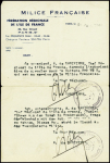 Document à en-tête "Milice française fédération régionale de l'Ile de France 20 rue Drouot Paris 9e". Demande bilingue Français - Allemand de circuler
