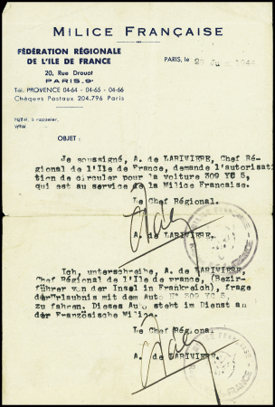 Document à en-tête "Milice française fédération régionale de l'Ile de France 20 rue Drouot Paris 9e". Demande bilingue Français - Allemand de circuler
