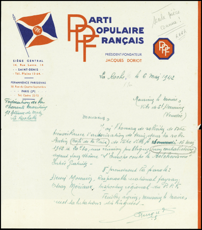 papier A4 à en-tête tricolore du Parti Populaire Français de jacques Doriot : demande d'autorisation d'organiser une réunion à la Roche sur Yon (6 mai 1942)