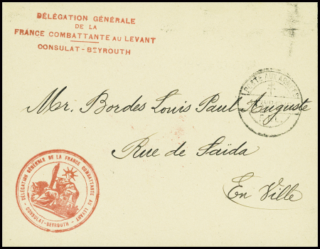 Lettre en franchise avec CAD "Poste aux armées FFL (1945) + griffe et cachet rouges "Délégation générale de la France combattante au Levant - consulat - Beyrouth"