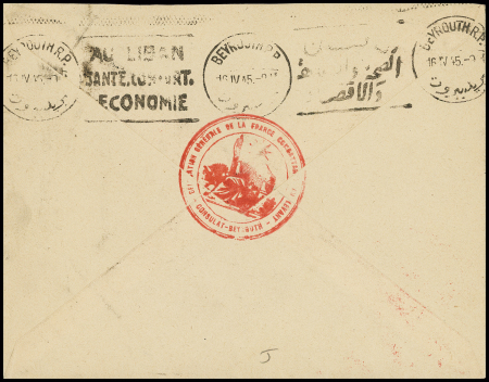 Lettre en franchise avec CAD "Poste aux armées FFL (1945) + griffe et cachet rouges "Délégation générale de la France combattante au Levant - consulat - Beyrouth"