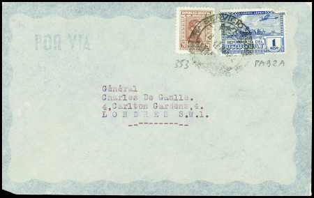 Uruguay n°353 + PA92A obl Montevideo (1942) sur lettre adressée au Général de Gaulle à Londres. TB