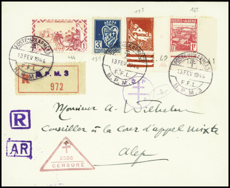 Levant n°44 + Algérie n°181 + 173 + 165 obl grand CAD à pont "Poste aux armées FFL BPM3" (fev 1944 - Alep Syrie) sur lettre recoimmandée. TB