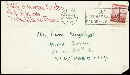 USA n°452 obl New-York (1942) sur env contenant une lettre autographe d'André Breton annonçant la création de sa nouvelle revue "W"