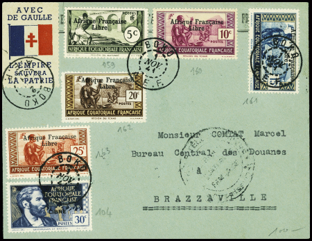 AEF n°104 + 159 à 163 + vignette tricolore "Avec De Gaulle l'Empire sauvera la Patrie" obl CAD "Boko AEF" (1 nov 41) sur lettre, rare et TB