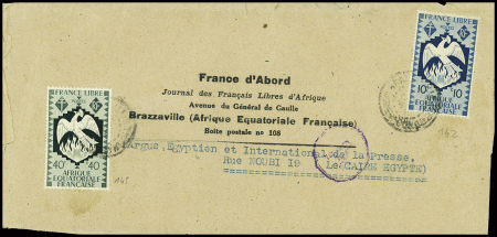 AEF n° 142 + 145 sur bande du journal "France d'Abord, journal des Français Libres d'Afrique, Brazzaville" adressée au Caire. TB