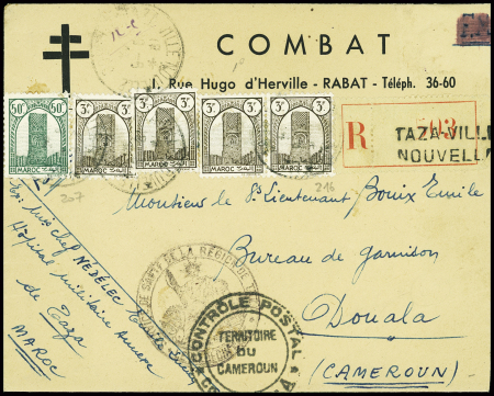 Maroc n°207 + 216, 4 pièces sur lettre recommandée censurée pour Douala avec en-tête à Croix de Lorraine "Combat 1 rue Hugo d'Herville Rabat" (juillet 1944)
