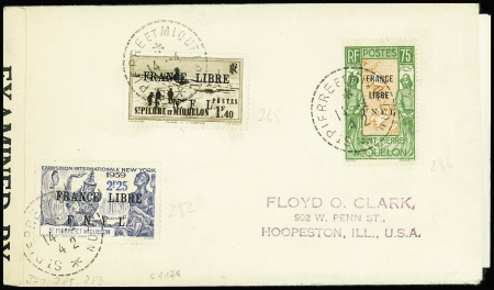 Saint Pierre et Miquelon n°252 + 265 + 286 obl (1942) sur lettre censurée pour les USA contenant une rare circulaire concernant les commandes de timbres