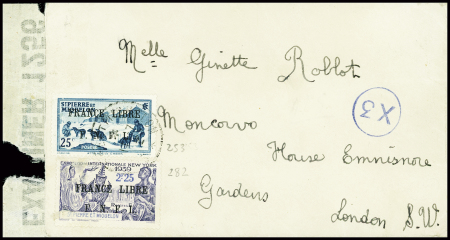 Saint Pierre et Miquelon n°253 + 282 obl sur lettre non philatélique avec censure bleue "X3" des FNFL adressée à Londres. Rare et TB