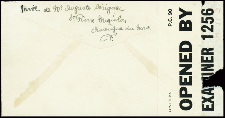 Saint Pierre et Miquelon n°253 + 282 obl sur lettre non philatélique avec censure bleue "X3" des FNFL adressée à Londres. Rare et TB