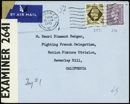 GB n°214 + 222 obl Londres (1943) sur lettre adressée au producteur de cinéma Henri Diamant Berger à Beverley Hills avec censure et au verso griffe violette