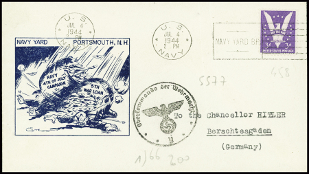USA n°458 (4.7.1944) sur env avec caricature adressée "To the chancellor Hitler Berchtesgaden (Germany) avec fausse censure
