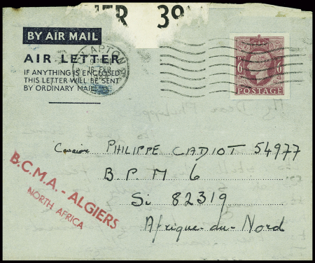 GB entier postal aérogramme 6P obl Clapton (fev 1944) pour un soldat français au BPM 6 (2ème DB) en Afrique du Nord avec griffe rouge