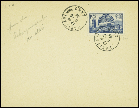 France n°400 obl CAD "Paris XVI ANN. 2" (6.6.44) sur env sans adresse (jour du débarquement). TB