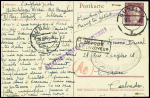 Entier carte postale 15PF Hitler brun obl Bunzlau (16.5.44) d'un travailleur STO pour Caen avec griffe violette "Relations postales suspendues". TB