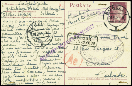 Entier carte postale 15PF Hitler brun obl Bunzlau (16.5.44) d'un travailleur STO pour Caen avec griffe violette "Relations postales suspendues". TB