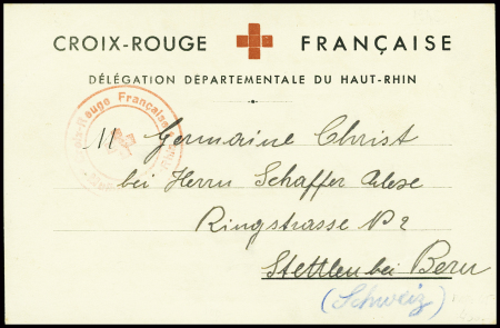 Carte à en-tête "Croix-Rouge française délégation départementale du Haut-Rhin" adressée en Suisse (12.3.45). TB
