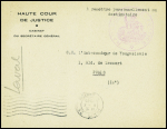 Lettre en franchise à en-tête "Haute cour de justice cabinet du secraitaire général" + obl mec "Paris 25 R. Danton" (6.10.1945) et mention manuscrite