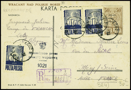 Pologne n°440, 3 pièces obl Lodz1 (30.3.45) sur entier carte postale recommandée d'un prisonnier français libéré stationné au "Camp des Français"