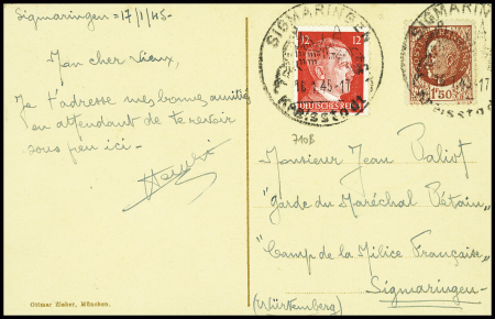 N°517 en mixte avec Allemagne n°710B obl grand CAD illustré "Sigmaringen Kreisstadt" (16.1.45) sur carte postale adressée à un garde du maréchal Pétain
