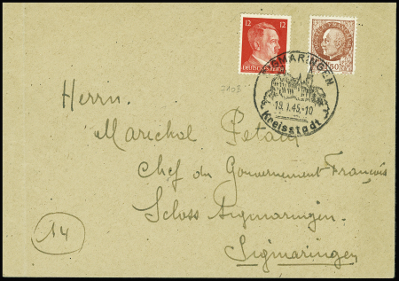 N°517 en mixte avec Allemagne n°710B obl grand CAD illustré "Sigmaringen Kreisstadt" (19.1.45) sur lettre adressée au maréchal Pétain. RR et TB